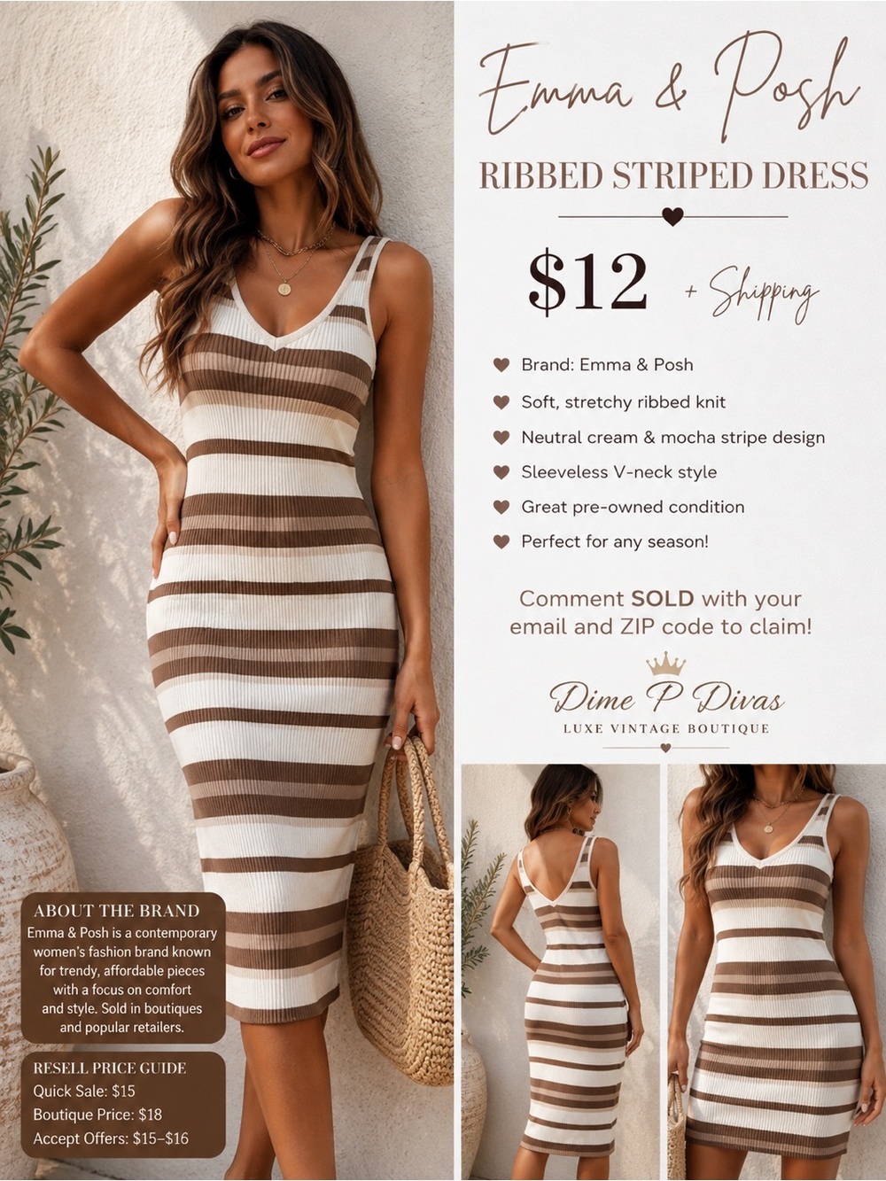 Sleeveless Midi Dress in Cream and Mocha Stripes